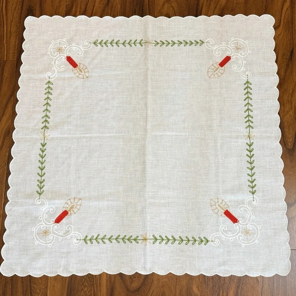 VTG Card Table Tablecloth Topper Embroidered Linen Cutwork Holiday Decor Candle‎